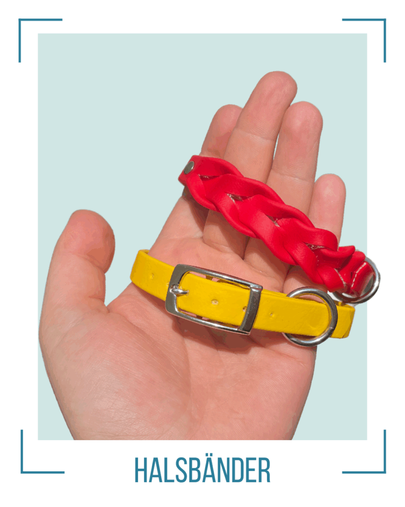 Hand mit zwei kleinen Halsbändern in gelb und rot